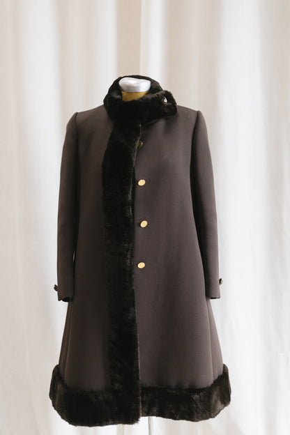 60's Bonwit Teller Brown Fur Trimmed Teddy Swing Coat