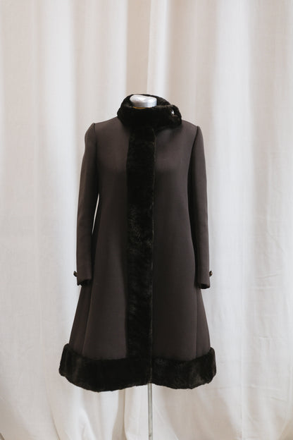 60's Bonwit Teller Brown Fur Trimmed Teddy Swing Coat