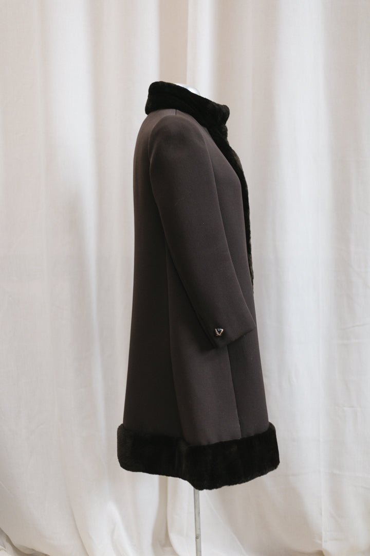 60's Bonwit Teller Brown Fur Trimmed Teddy Swing Coat