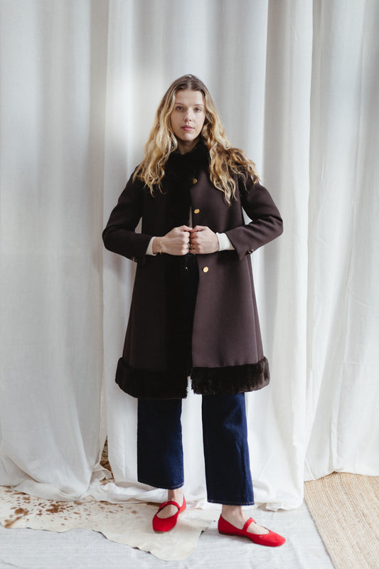 60's Bonwit Teller Brown Fur Trimmed Teddy Swing Coat