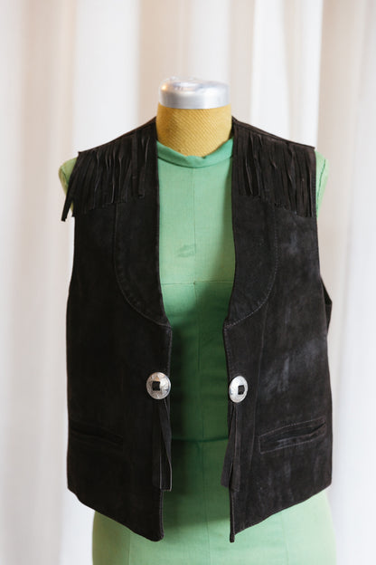 1970s Suede Fringe Vest with Silver Concho Hardware