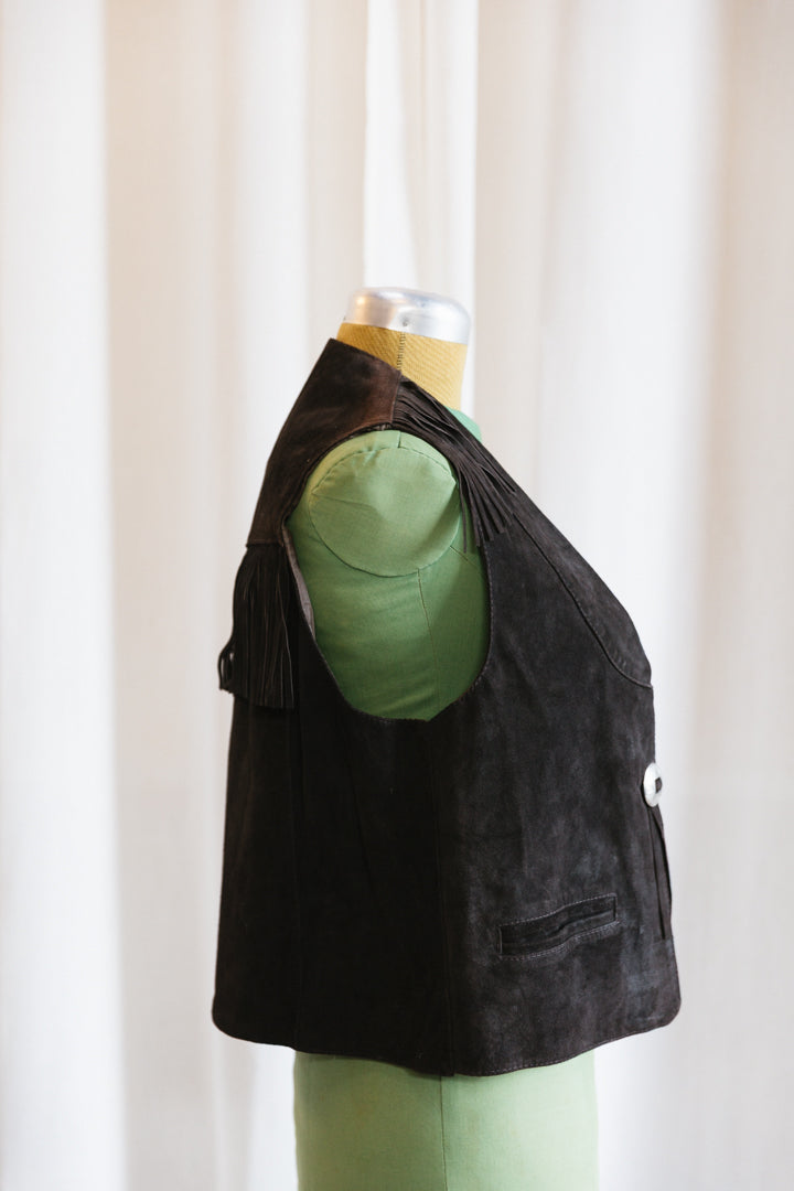 1970s Suede Fringe Vest with Silver Concho Hardware
