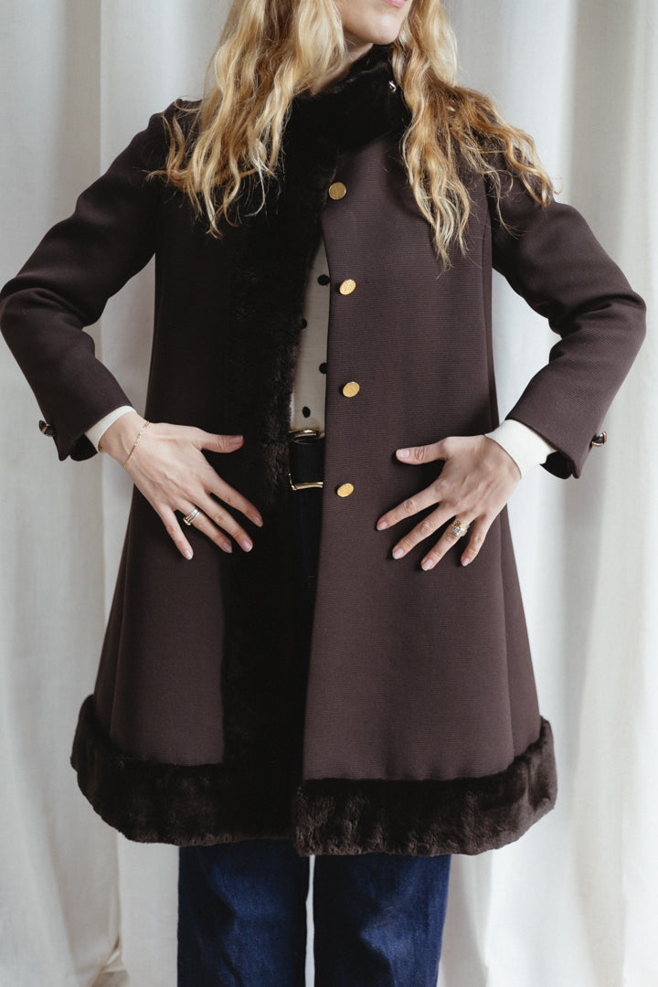60's Bonwit Teller Brown Fur Trimmed Teddy Swing Coat