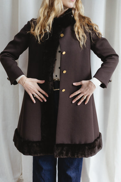 60's Bonwit Teller Brown Fur Trimmed Teddy Swing Coat