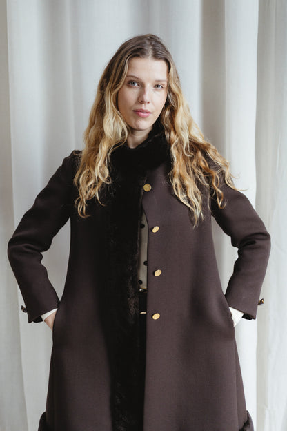 60's Bonwit Teller Brown Fur Trimmed Teddy Swing Coat