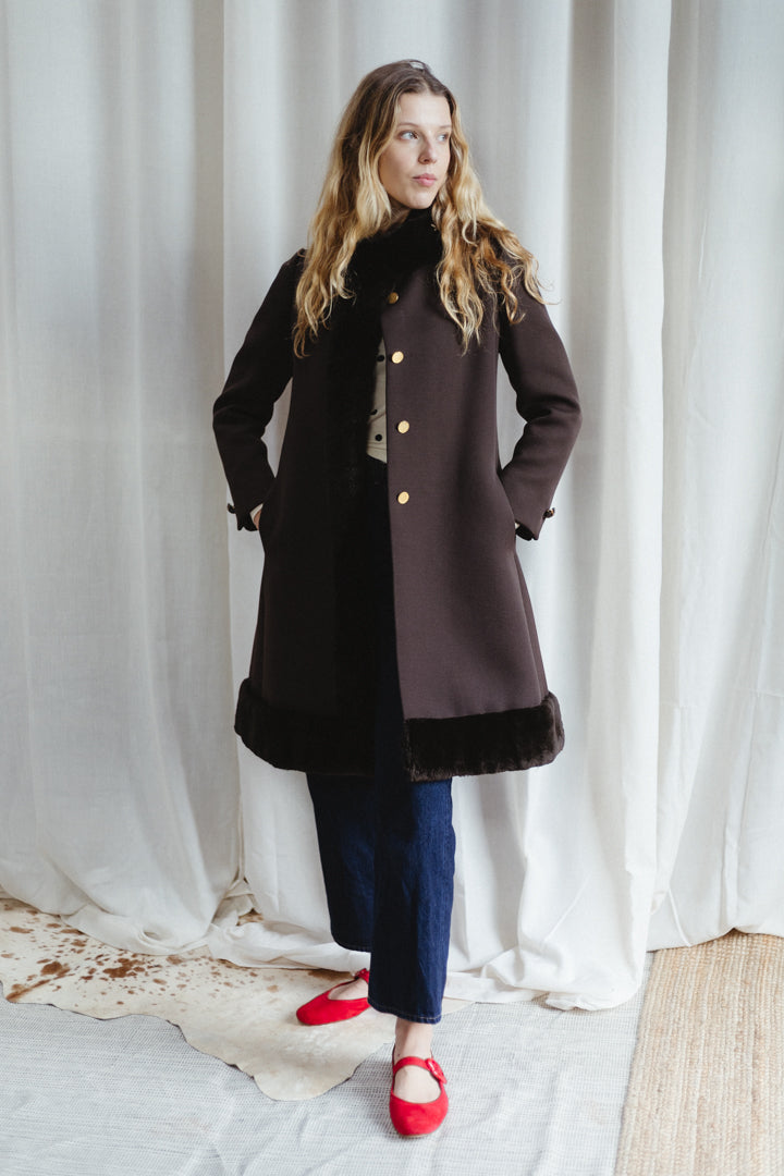 60's Bonwit Teller Brown Fur Trimmed Teddy Swing Coat