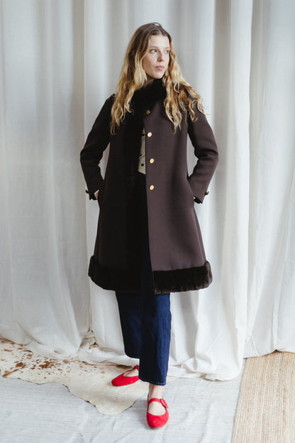 60's Bonwit Teller Brown Fur Trimmed Teddy Swing Coat