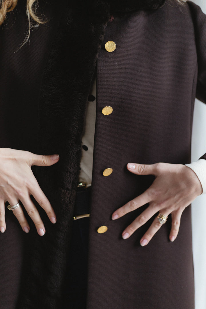 60's Bonwit Teller Brown Fur Trimmed Teddy Swing Coat