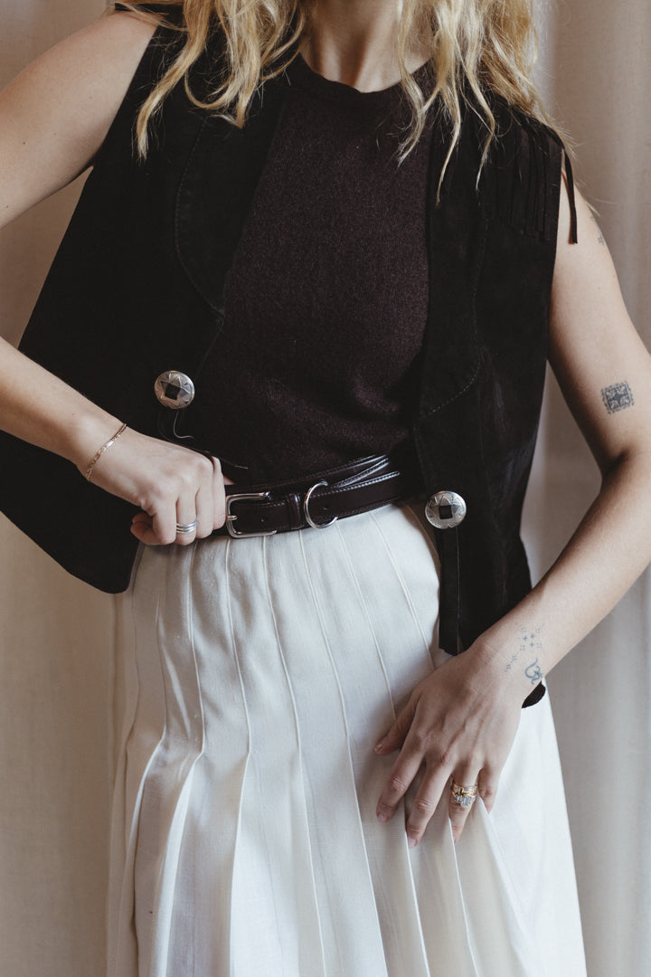 1970s Suede Fringe Vest with Silver Concho Hardware