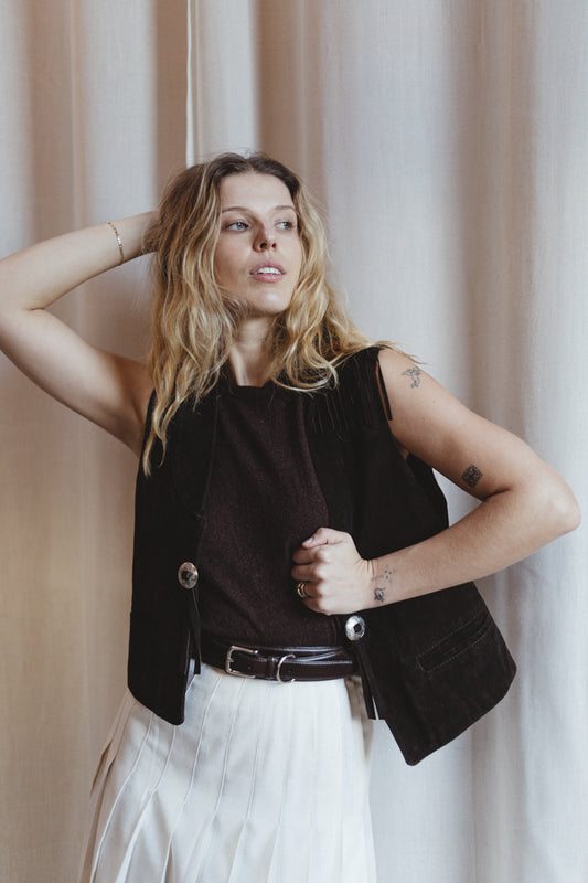 1970s Suede Fringe Vest with Silver Concho Hardware