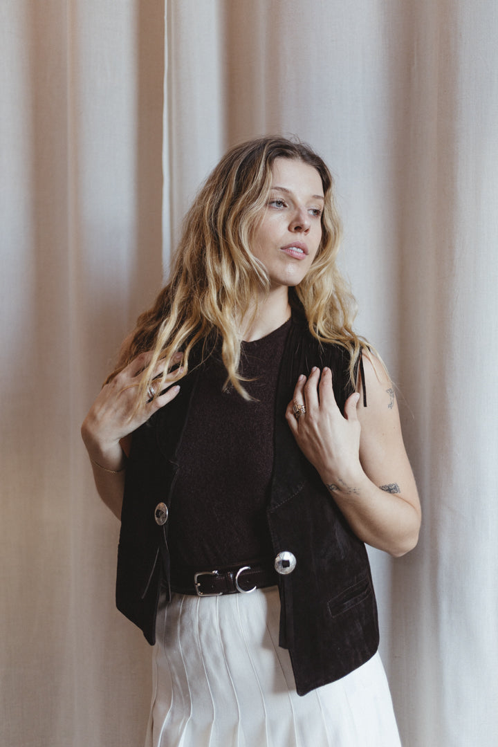 1970s Suede Fringe Vest with Silver Concho Hardware