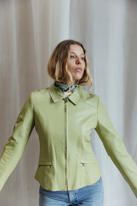 90's Italian Sage Green Leather Zip Jacket