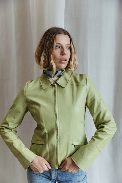90's Italian Sage Green Leather Zip Jacket