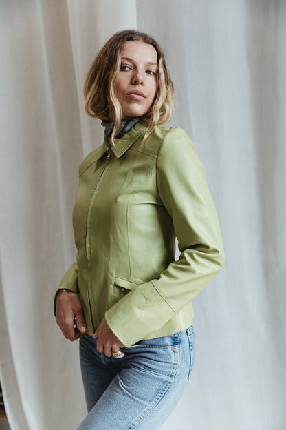 90's Italian Sage Green Leather Zip Jacket
