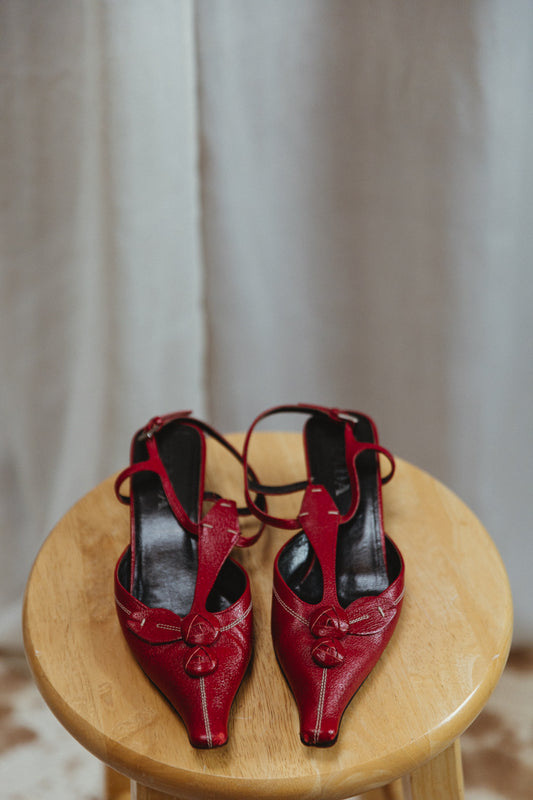 90's Prada Cherry Red Leather Heels with Flower Appliques