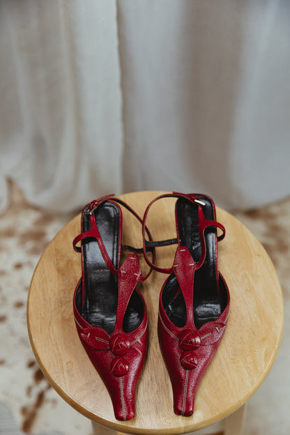 90's Prada Cherry Red Leather Heels with Flower Appliques