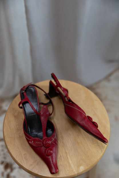 90's Prada Cherry Red Leather Heels with Flower Appliques