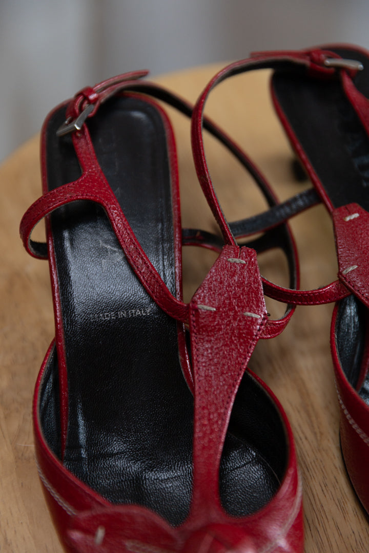 90's Prada Cherry Red Leather Heels with Flower Appliques