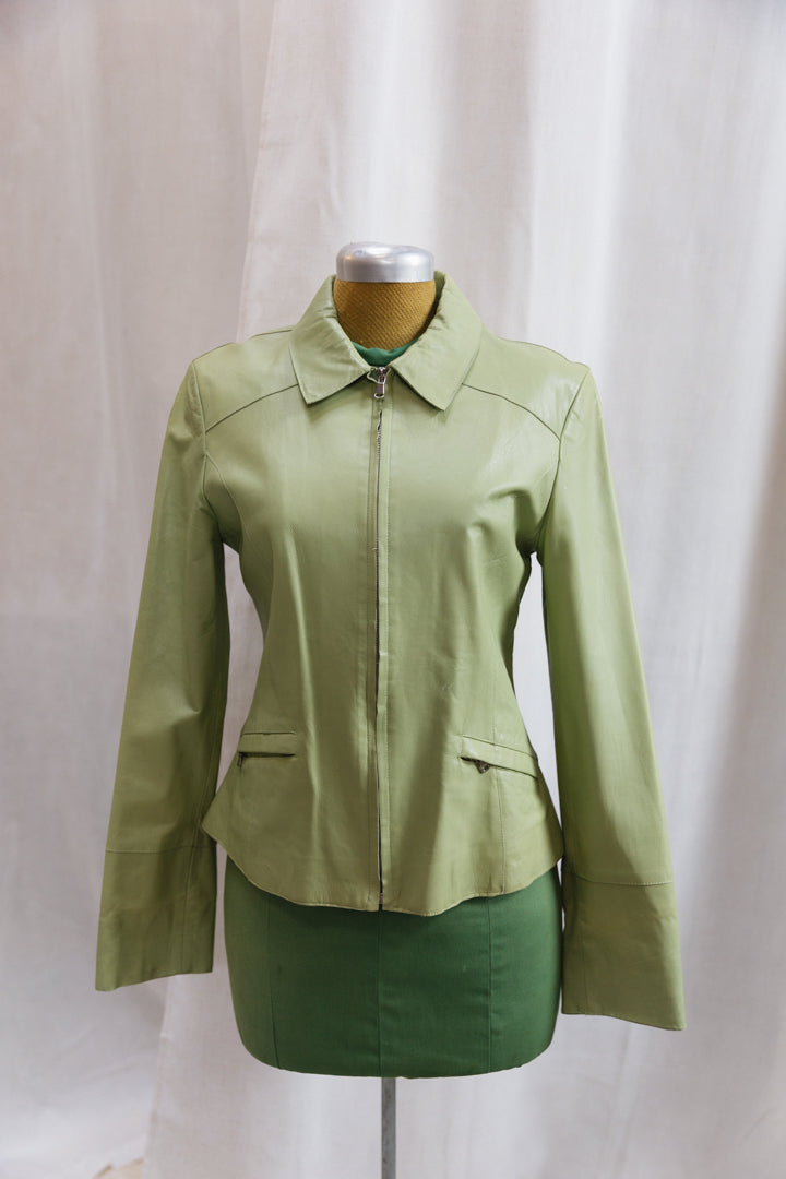 90's Italian Sage Green Leather Zip Jacket