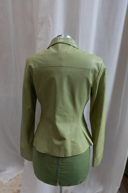 90's Italian Sage Green Leather Zip Jacket
