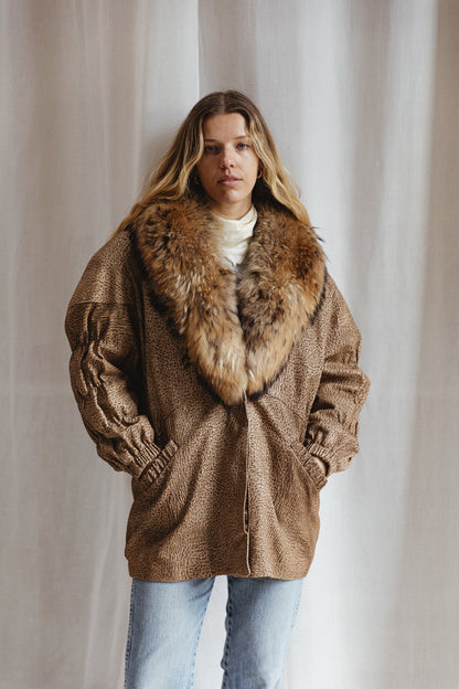 80's Animal Print Fur Trim Jacket