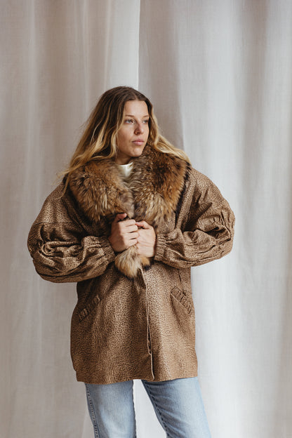 80's Animal Print Fur Trim Jacket