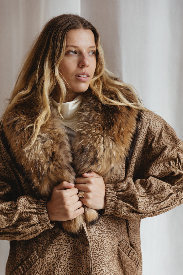 80's Animal Print Fur Trim Jacket