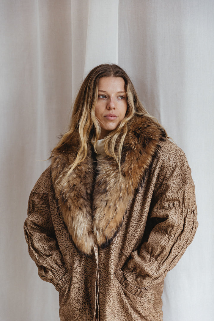 80's Animal Print Fur Trim Jacket