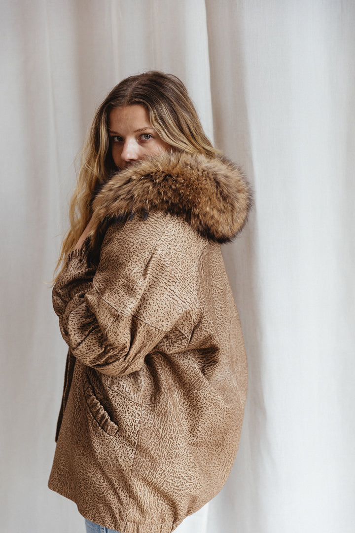 80's Animal Print Fur Trim Jacket