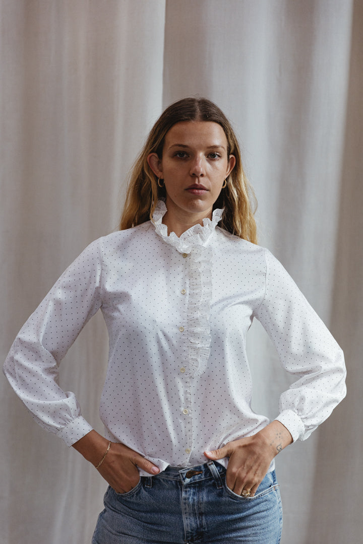 80's French Polka Dot Ruffle Blouse