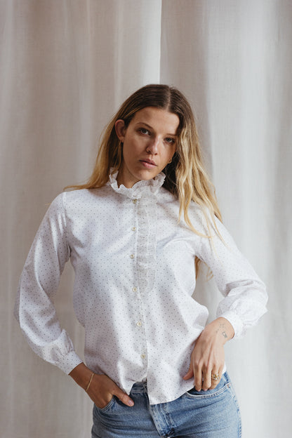 80's French Polka Dot Ruffle Blouse