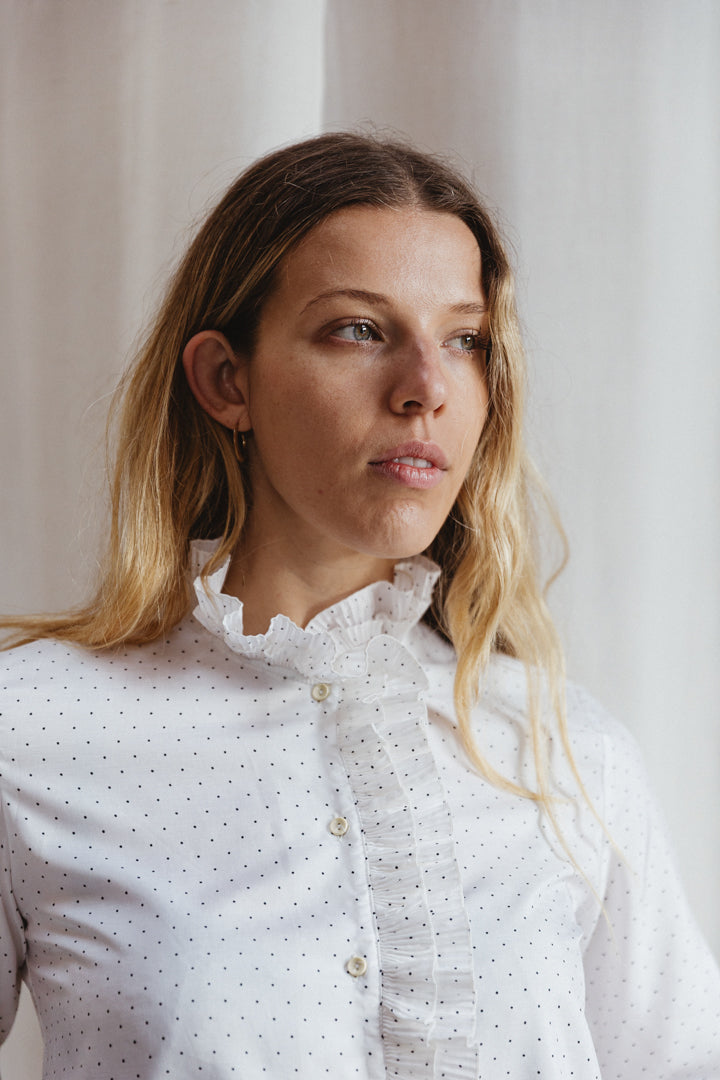 80's French Polka Dot Ruffle Blouse