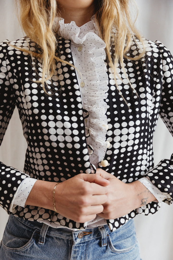 80's French Polka Dot Ruffle Blouse